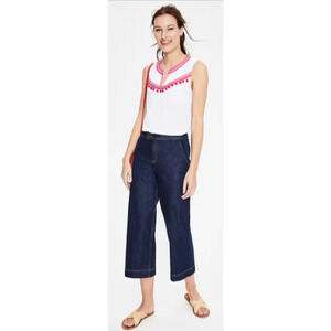 Boden Elisa Top in white cotton with pink embroidery and pom-pom trim Size 10